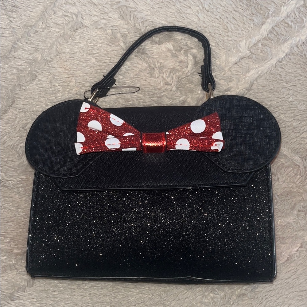Black Glitter Top-Handle Minnie Mouse Bag with Red Polka Dot Bow